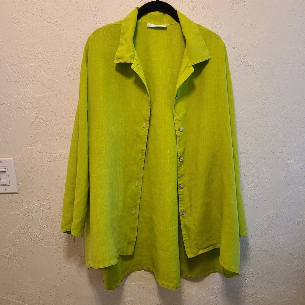Bryan Walker Chartreuse Linen Button Down Blouse … - image 3